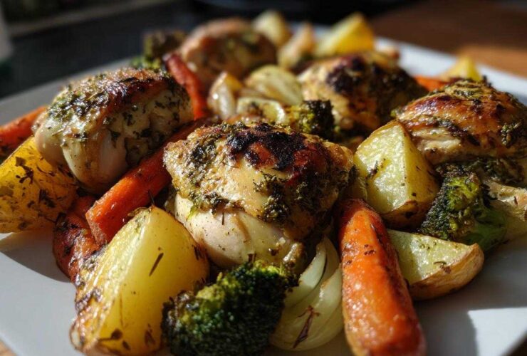 Close-up of golden-brown Sheet Pan Lemon Herb Roasted Chicken Pieces and Veggies, including potatoes, carrots, and broccoli.