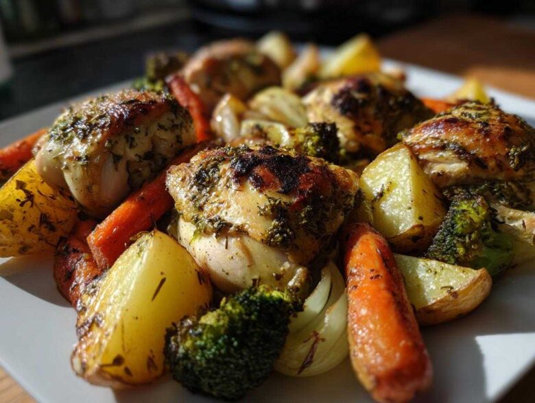 Close-up of golden-brown Sheet Pan Lemon Herb Roasted Chicken Pieces and Veggies, including potatoes, carrots, and broccoli.