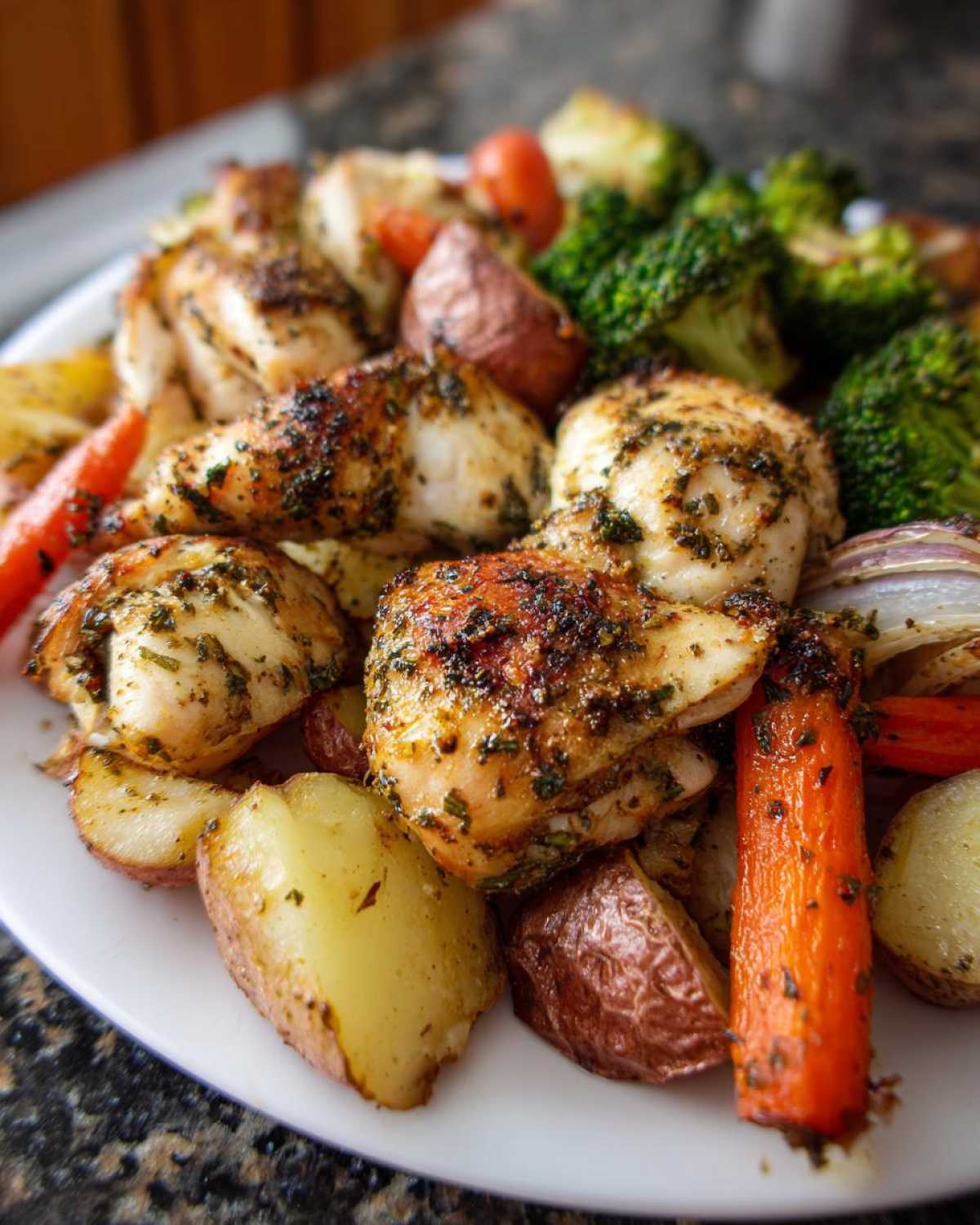 Close-up of Sheet Pan Lemon Herb Roasted Chicken Pieces and Veggies served on a white plate.