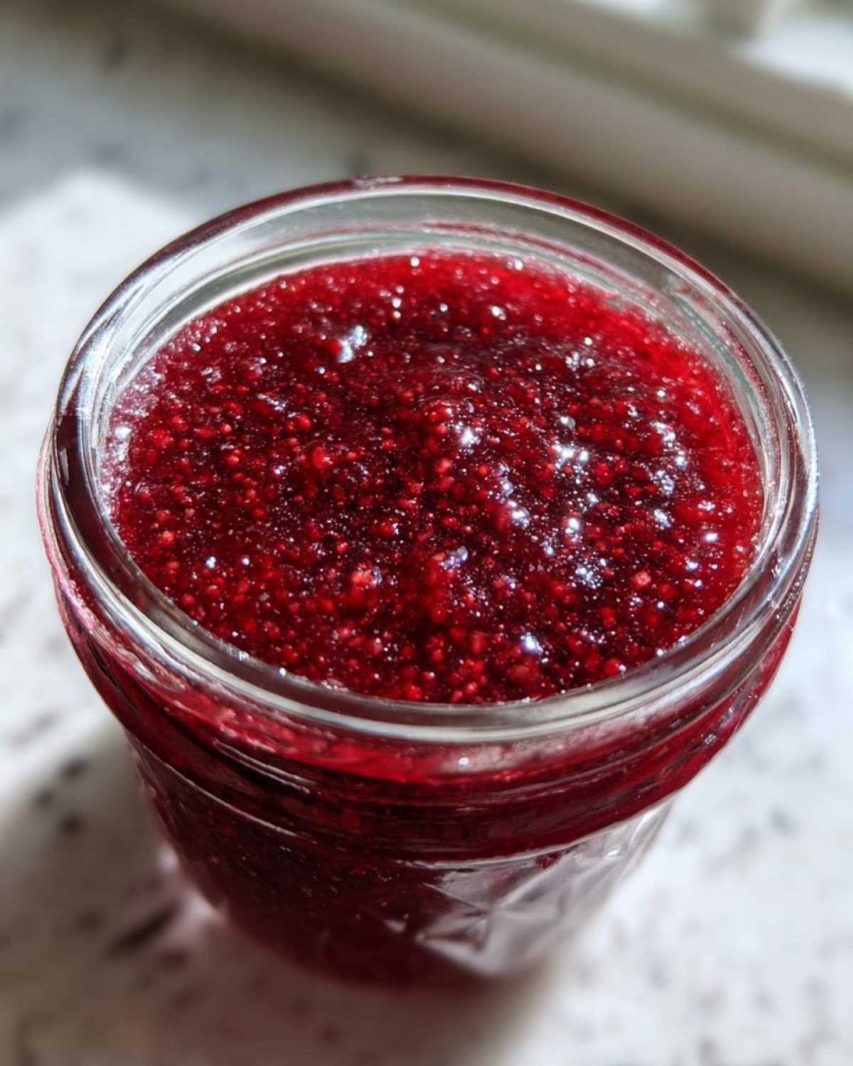 Close-up overhead view of glistening, bright red Small Batch Quick Raspberry Jam filling a glass jar.