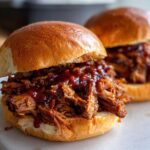 Close-up of two Smoky BBQ Pulled Pork Sandwiches on soft brioche buns, dripping with rich sauce.