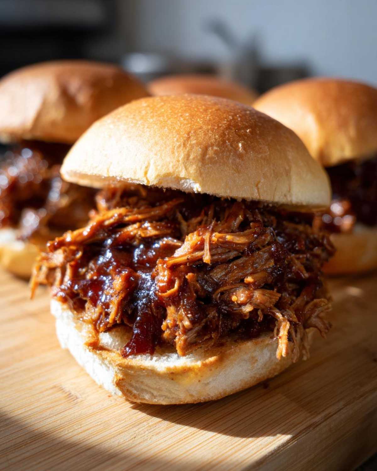 A close-up, sunlit shot of a Smoky BBQ Pulled Pork Sandwich piled high on a soft brioche bun.