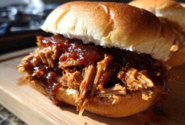 A close-up of a delicious Smoky BBQ Pulled Pork Sandwich piled high on a soft brioche bun, glistening with sauce.