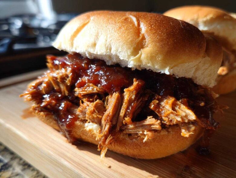 A close-up of a delicious Smoky BBQ Pulled Pork Sandwich piled high on a soft brioche bun, glistening with sauce.