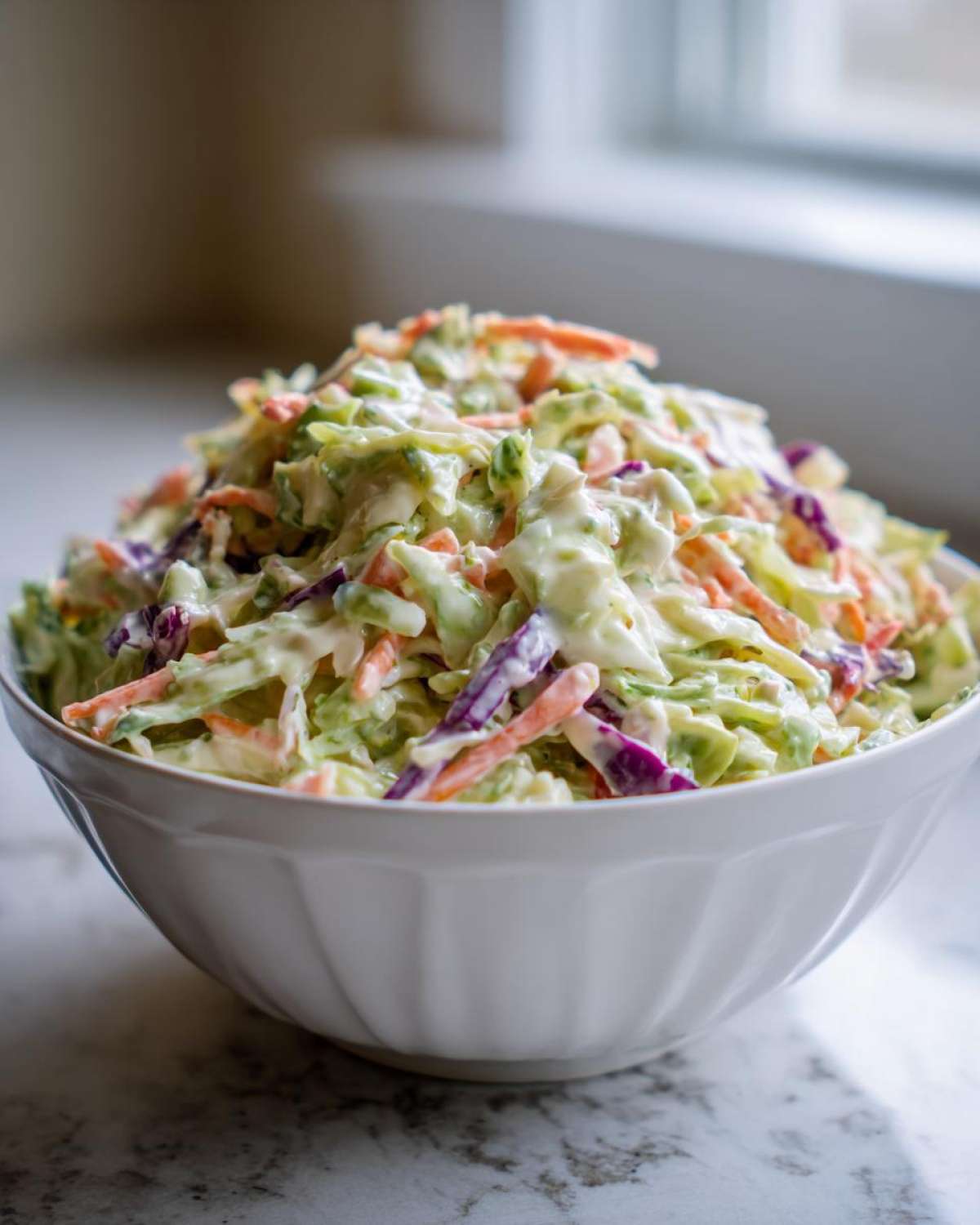 A large white bowl filled with vibrant Southern Style Creamy Coleslaw, featuring shredded cabbage and carrots in a thick dressing.