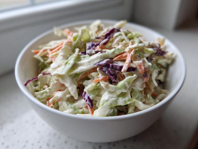 A white bowl filled with fresh Southern Style Creamy Coleslaw featuring shredded cabbage and carrots in a rich dressing.