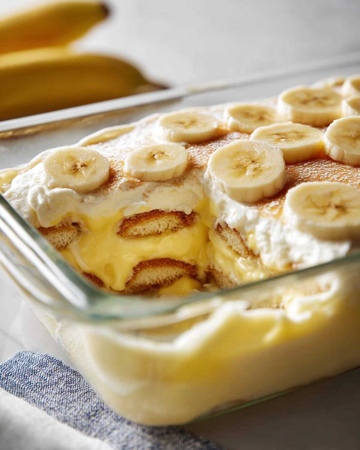 A serving dish shows a scoop taken out of Southern Style Layered Banana Pudding with Nilla Wafers, topped with whipped cream and banana slices.