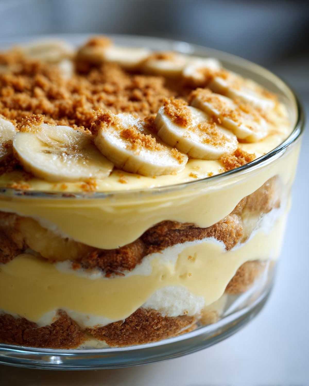 Close-up of Southern Style Layered Banana Pudding showing layers of vanilla custard, Nilla Wafers, and sliced bananas.