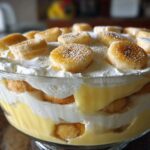 Close-up of Southern Style Layered Banana Pudding featuring layers of vanilla wafers, custard, and whipped cream, topped with sliced bananas.