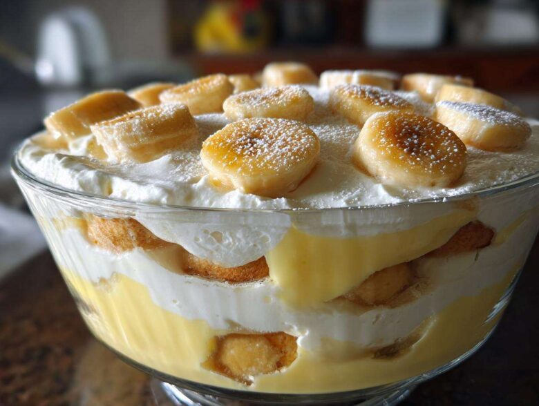 Close-up of Southern Style Layered Banana Pudding featuring layers of vanilla wafers, custard, and whipped cream, topped with sliced bananas.