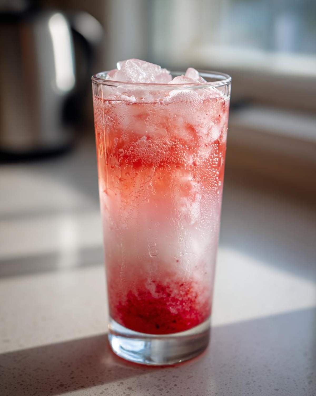 A tall glass filled with ice and Sparkling Fresh Strawberry Lemonade, showing vibrant red strawberry puree at the bottom.