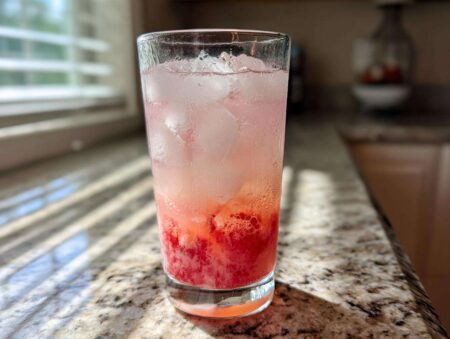A tall glass filled with Sparkling Fresh Strawberry Lemonade, ice cubes, and muddled strawberries at the bottom, sitting on a granite countertop.