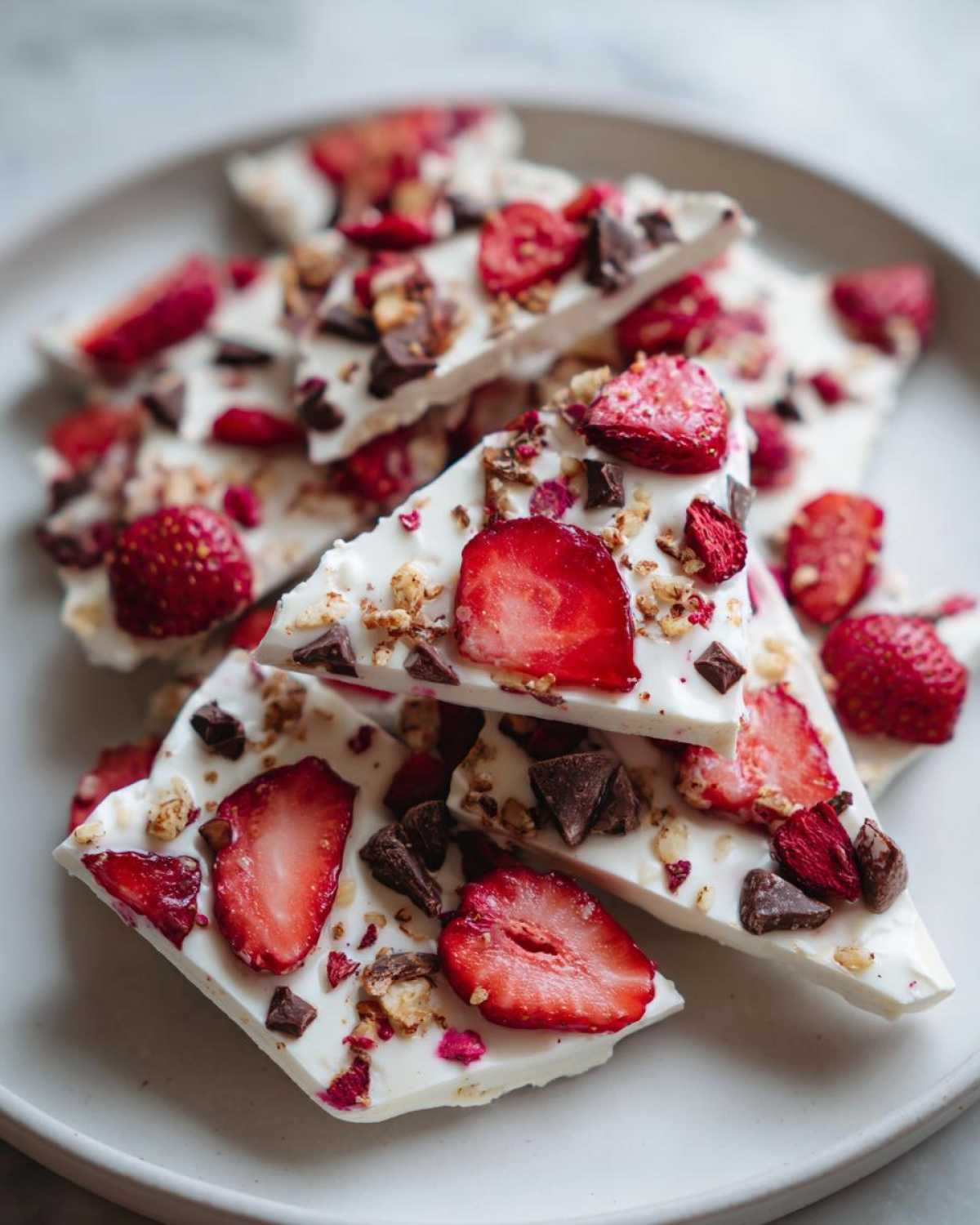 Close-up of broken pieces of white Frozen Yogurt Bark topped with fresh strawberry slices, chocolate chunks, and granola.