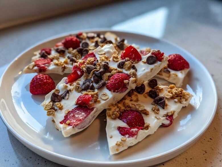 Slices of white Frozen Yogurt Bark topped with fresh strawberries, chocolate chips, and granola on a white plate.