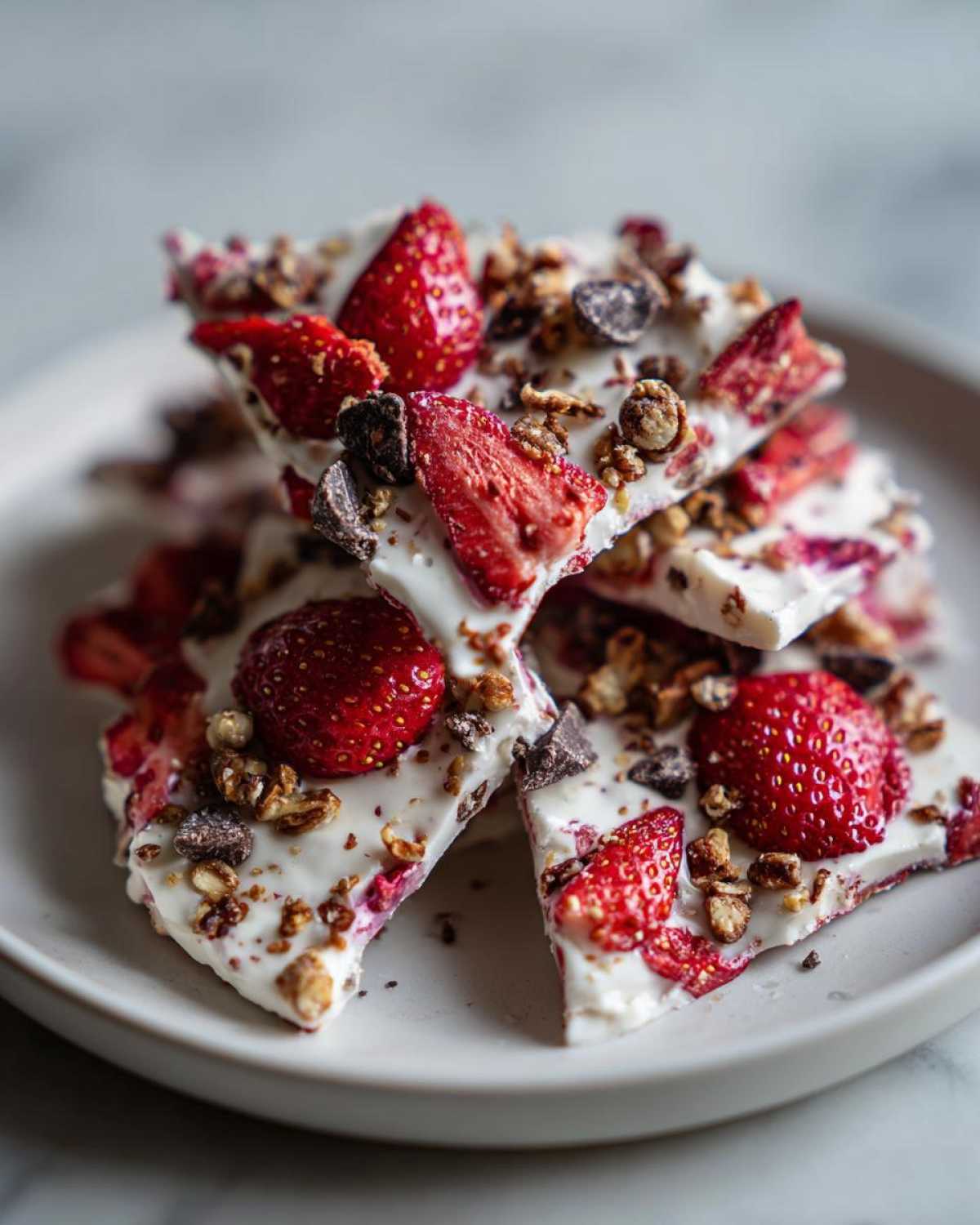Stacked pieces of strawberry Frozen Yogurt Bark topped with fresh strawberries, granola, and chocolate chunks.