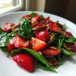 A vibrant close-up of Strawberry Spinach Salad with Candied Pecans & Poppy Seed Dressing, featuring glossy spinach and sliced strawberries.