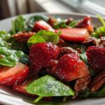 Close-up of a fresh Strawberry Spinach Salad with candied pecans glistening under natural light.