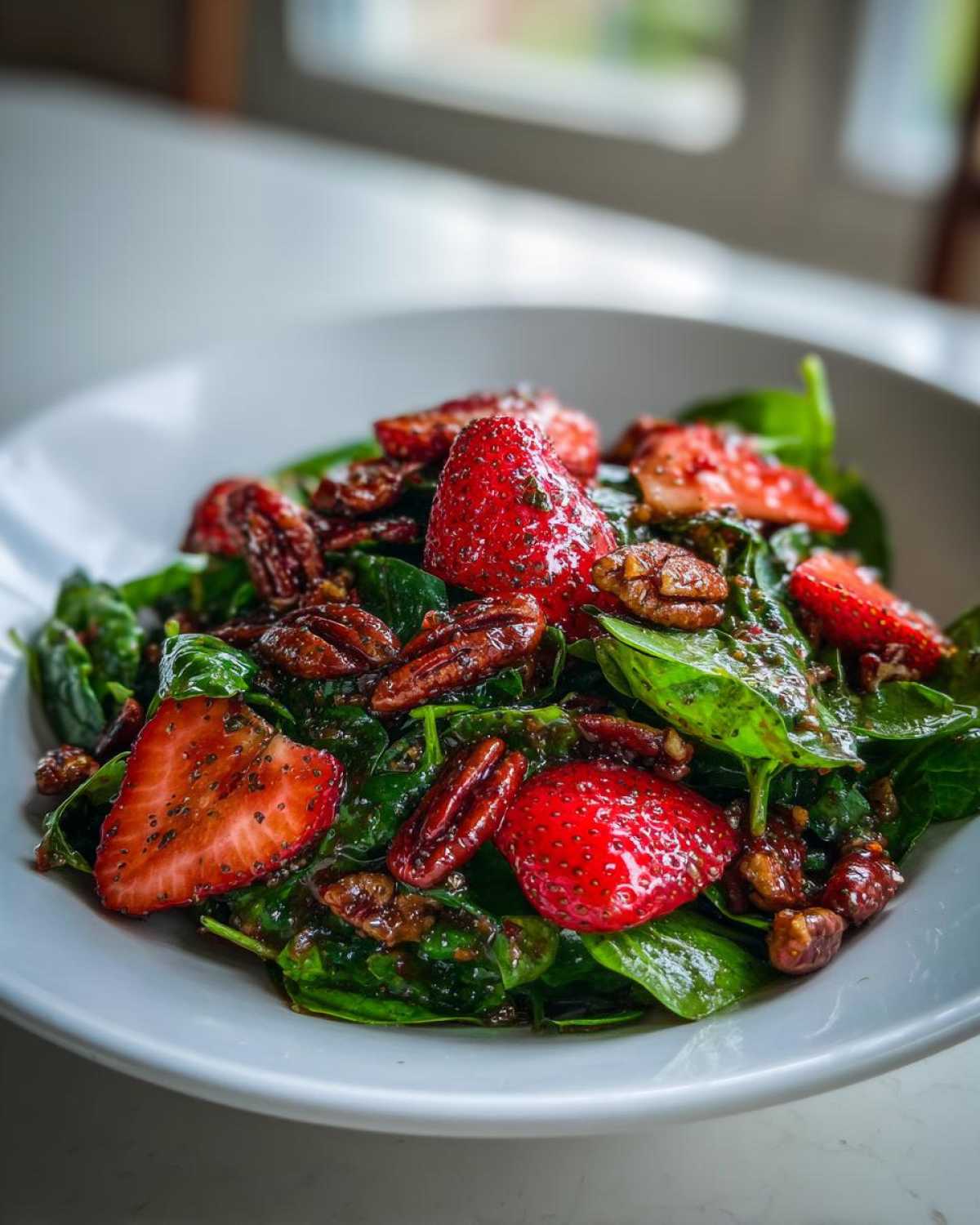 A close-up of a vibrant Strawberry Spinach Salad with Candied Pecans and poppy seed dressing in a white bowl.