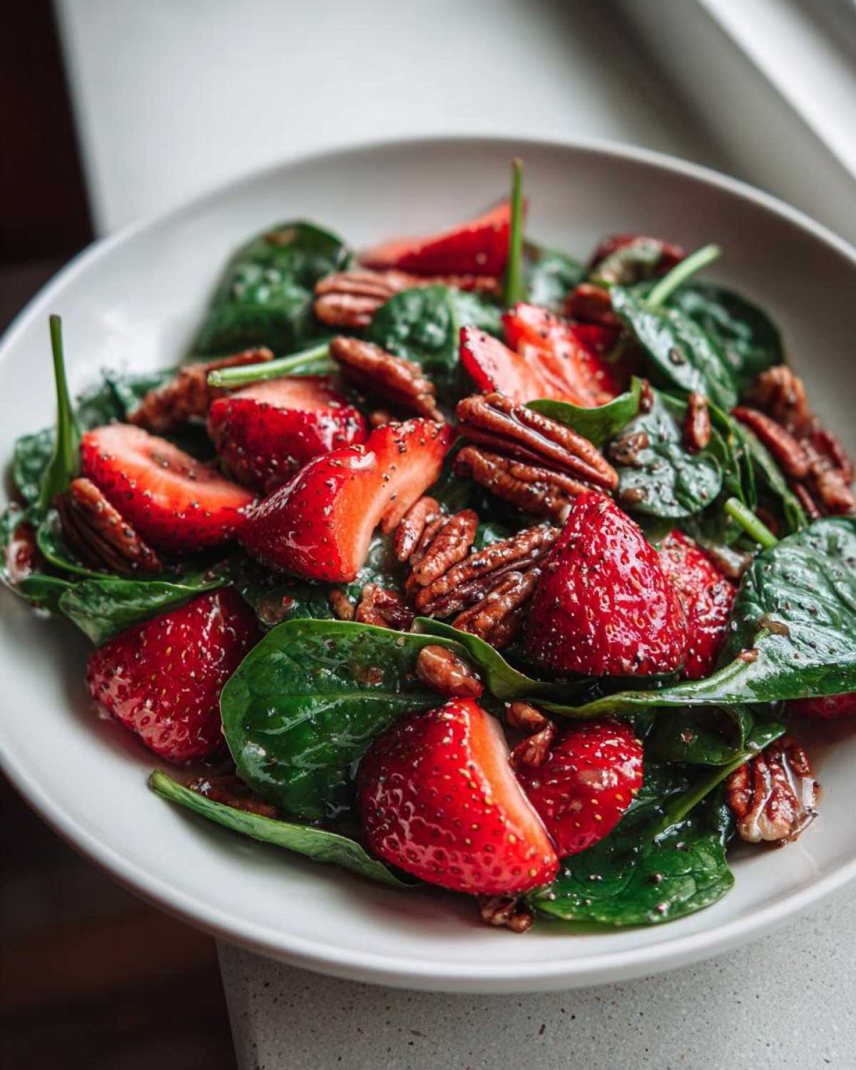 Close-up of a fresh Strawberry Spinach Salad with candied pecans and poppy seed dressing.