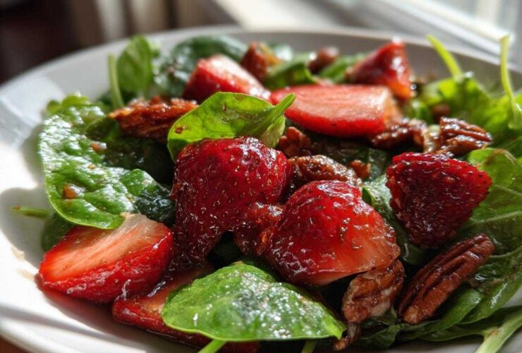Close-up of a fresh Strawberry Spinach Salad with candied pecans glistening under natural light.