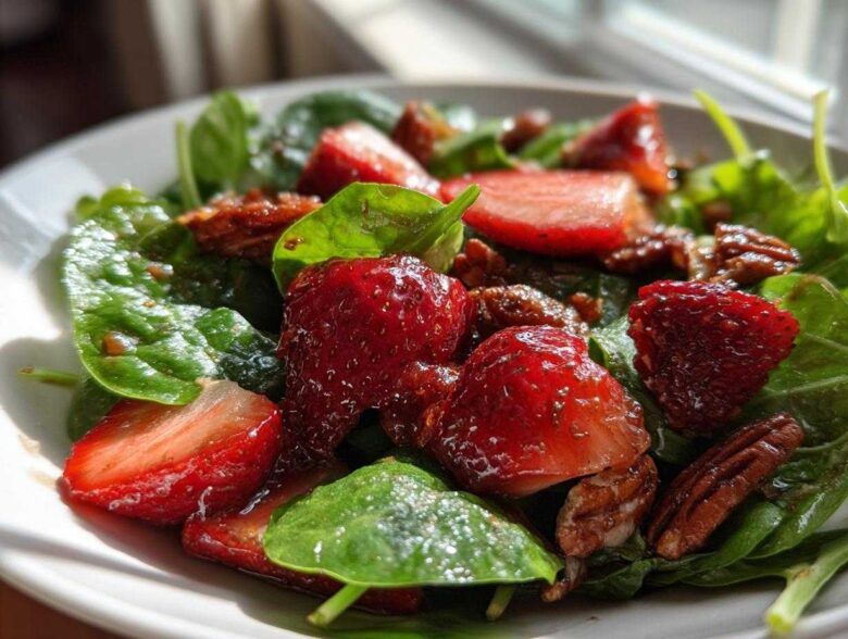 Close-up of a fresh Strawberry Spinach Salad with candied pecans glistening under natural light.