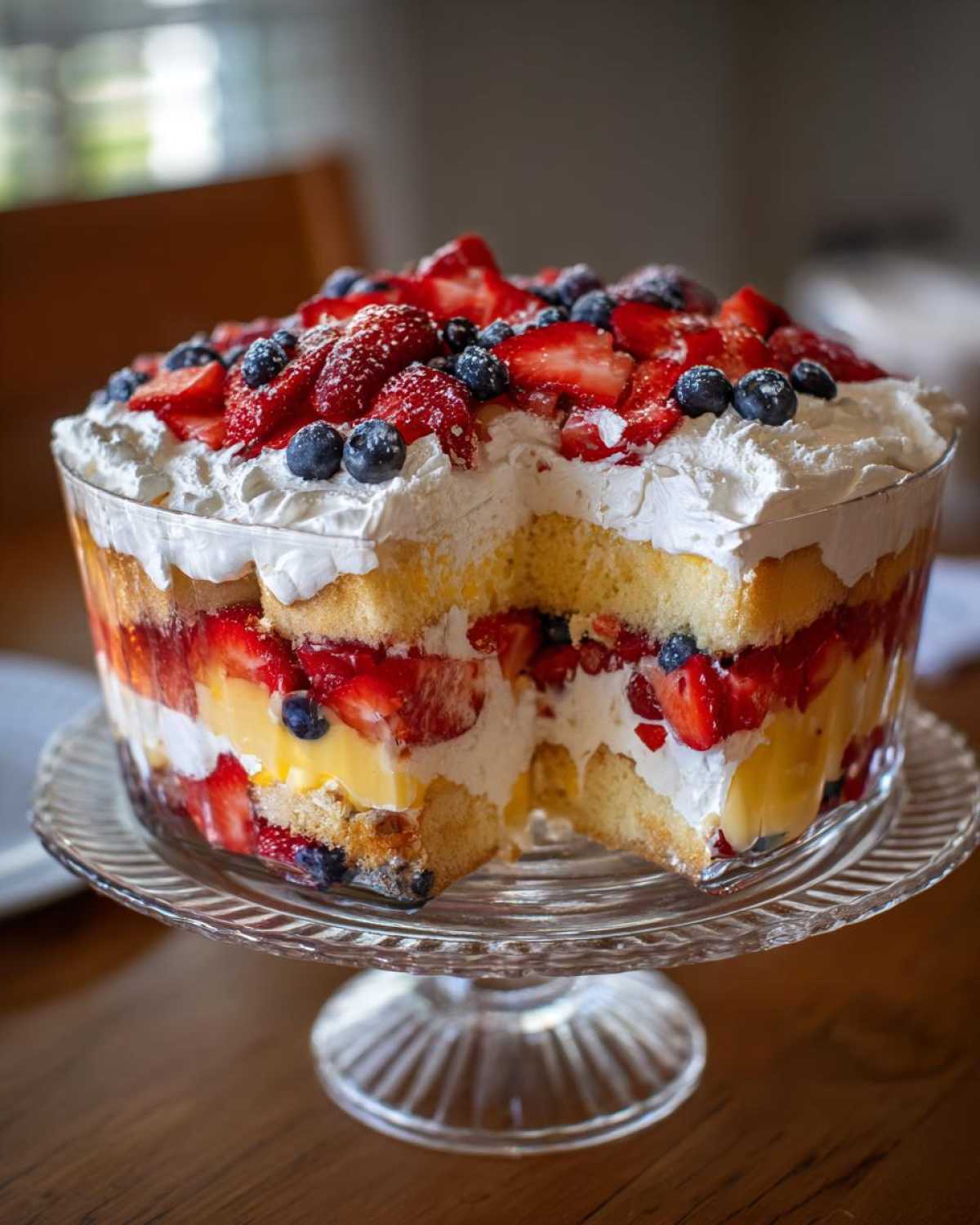 A large Summer Berry Trifle with Custard and Cream displayed in a glass bowl on a cake stand, with one slice taken out to show layers.