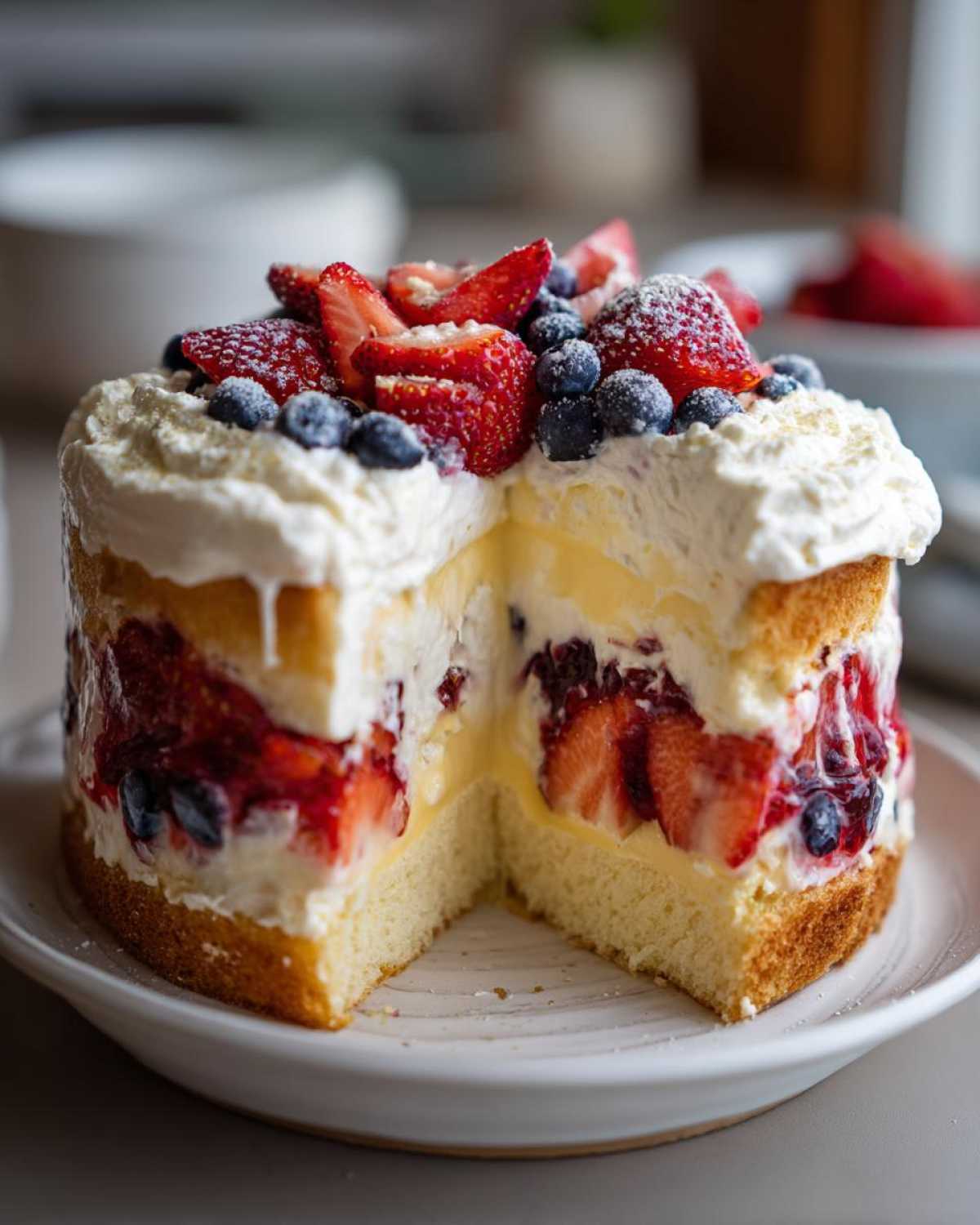 A cross-section view of the Summer Berry Trifle with Custard and Cream, showing layers of sponge cake, berries, and cream.
