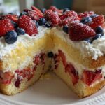 Cross-section view of a layered Summer Berry Trifle with Custard and Cream, showing sponge cake, berries, and rich yellow custard.