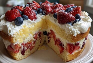 Cross-section view of a layered Summer Berry Trifle with Custard and Cream, showing sponge cake, berries, and rich yellow custard.