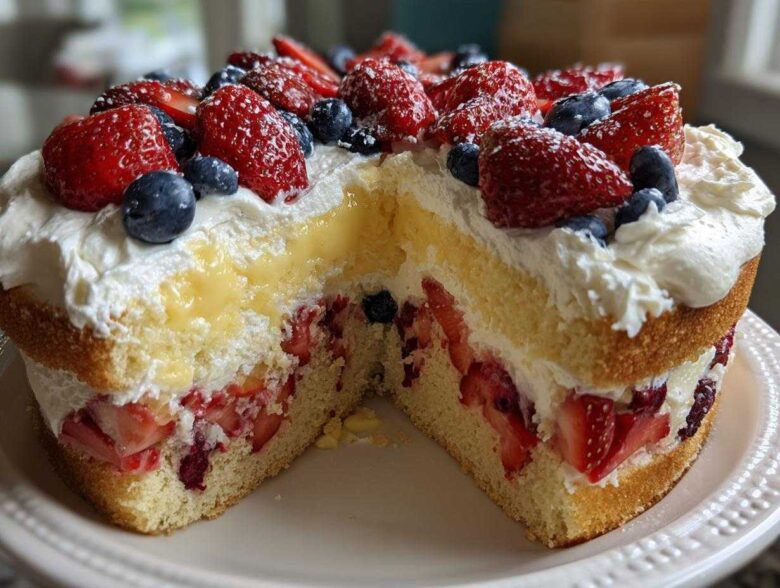 Cross-section view of a layered Summer Berry Trifle with Custard and Cream, showing sponge cake, berries, and rich yellow custard.