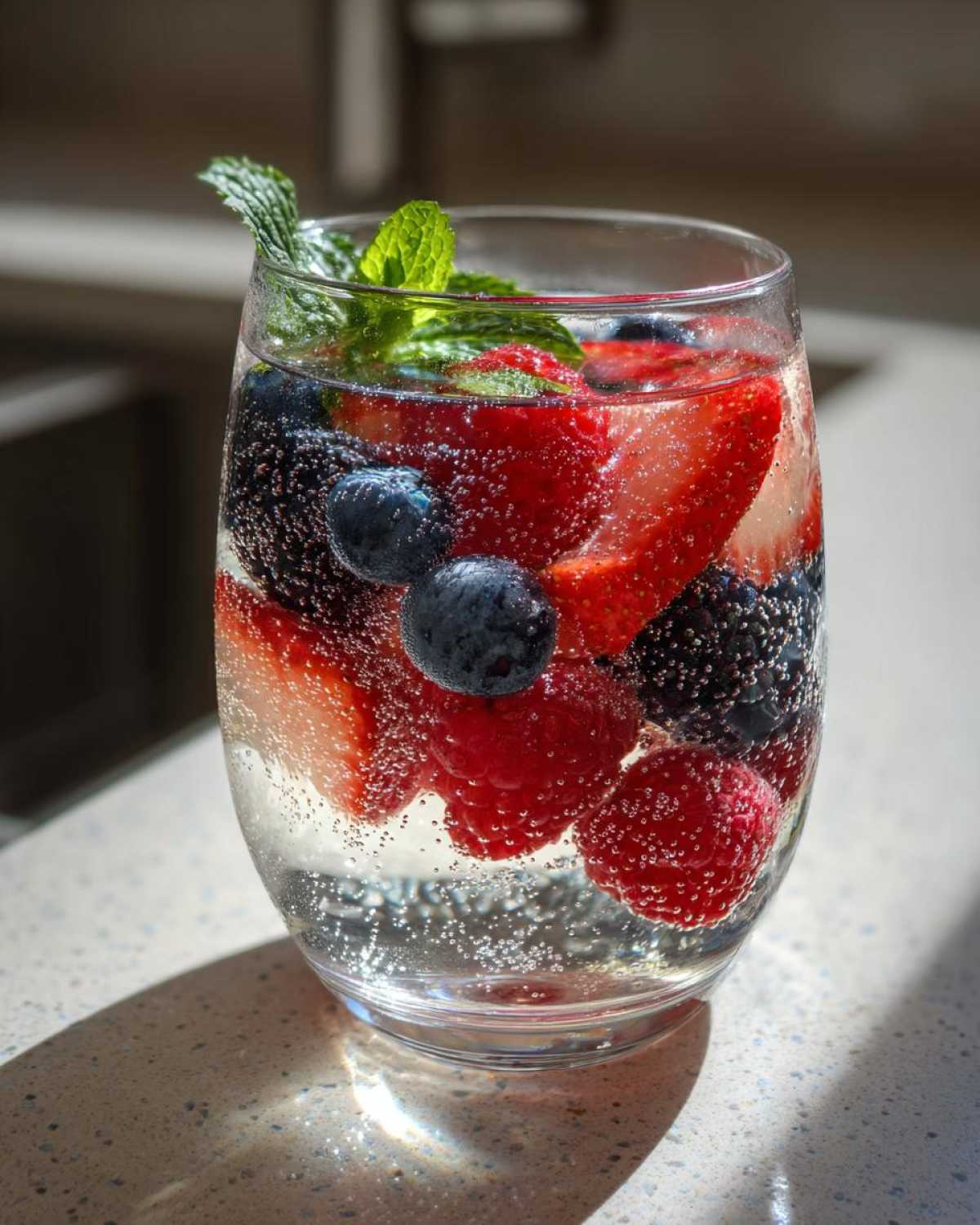 Close-up of a glass filled with Summer Berry White Wine Sangria, featuring blueberries, raspberries, strawberries, and mint.