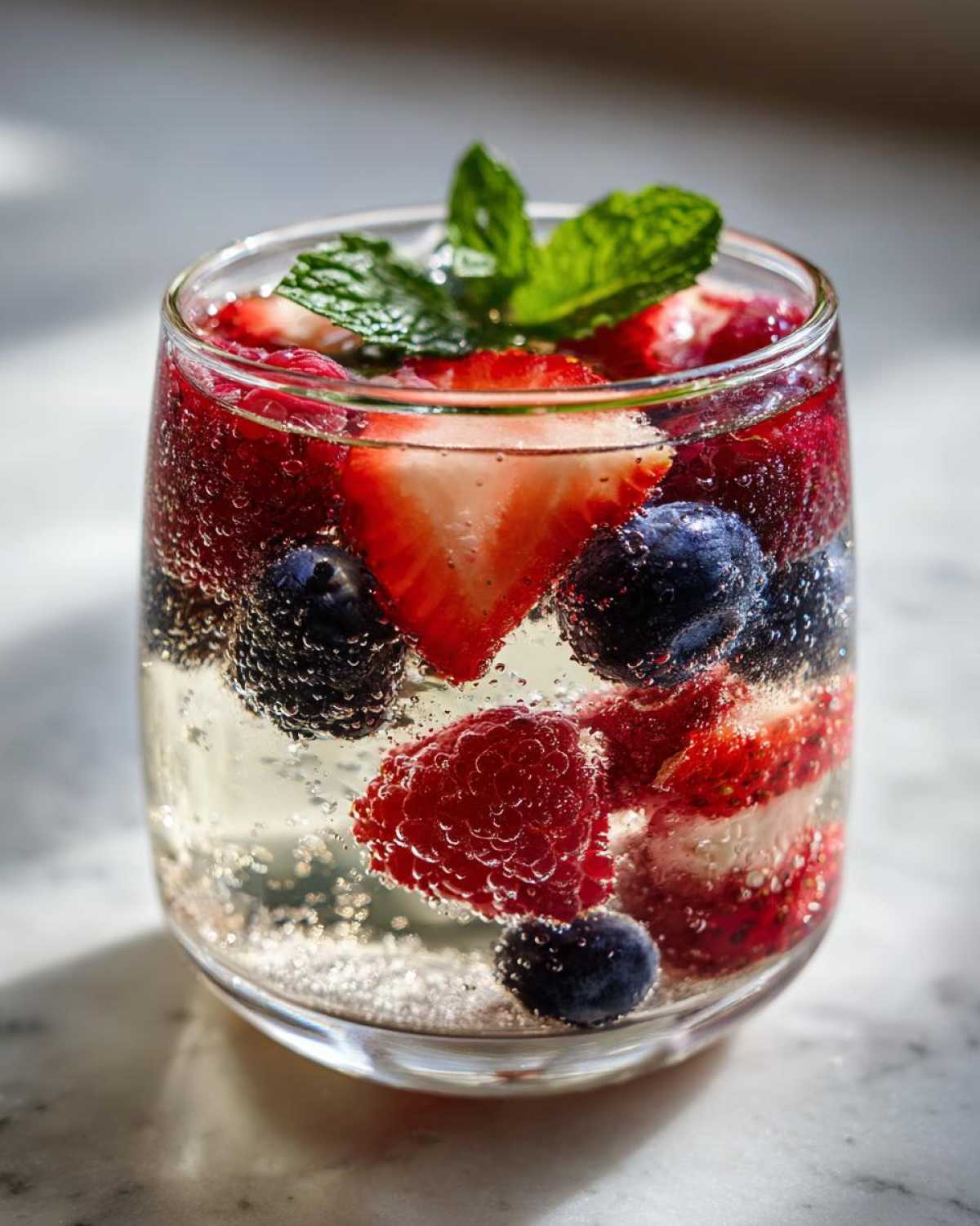 Close-up of a glass filled with bubbly Summer Berry White Wine Sangria, featuring strawberries, blueberries, raspberries, and a mint garnish.