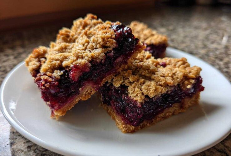 Three delicious Sweet Blackberry Crumble Bars stacked slightly on a white plate, showing the thick blackberry filling and oat topping.