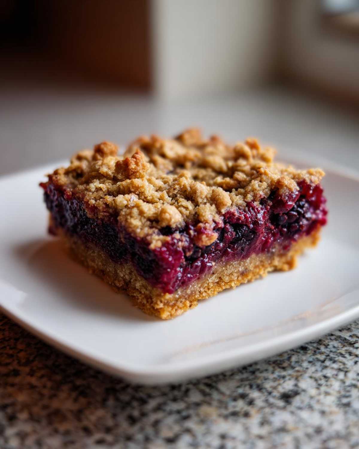 A close-up of one perfect square of Sweet Blackberry Crumble Bars with a thick berry filling and crumb topping.