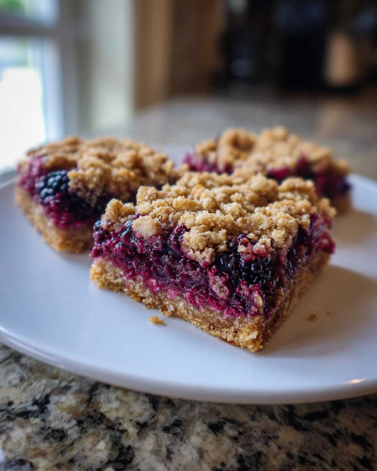 Three squares of Sweet Blackberry Crumble Bars featuring a thick, jammy blackberry layer and a crumbly topping, served on a white plate.