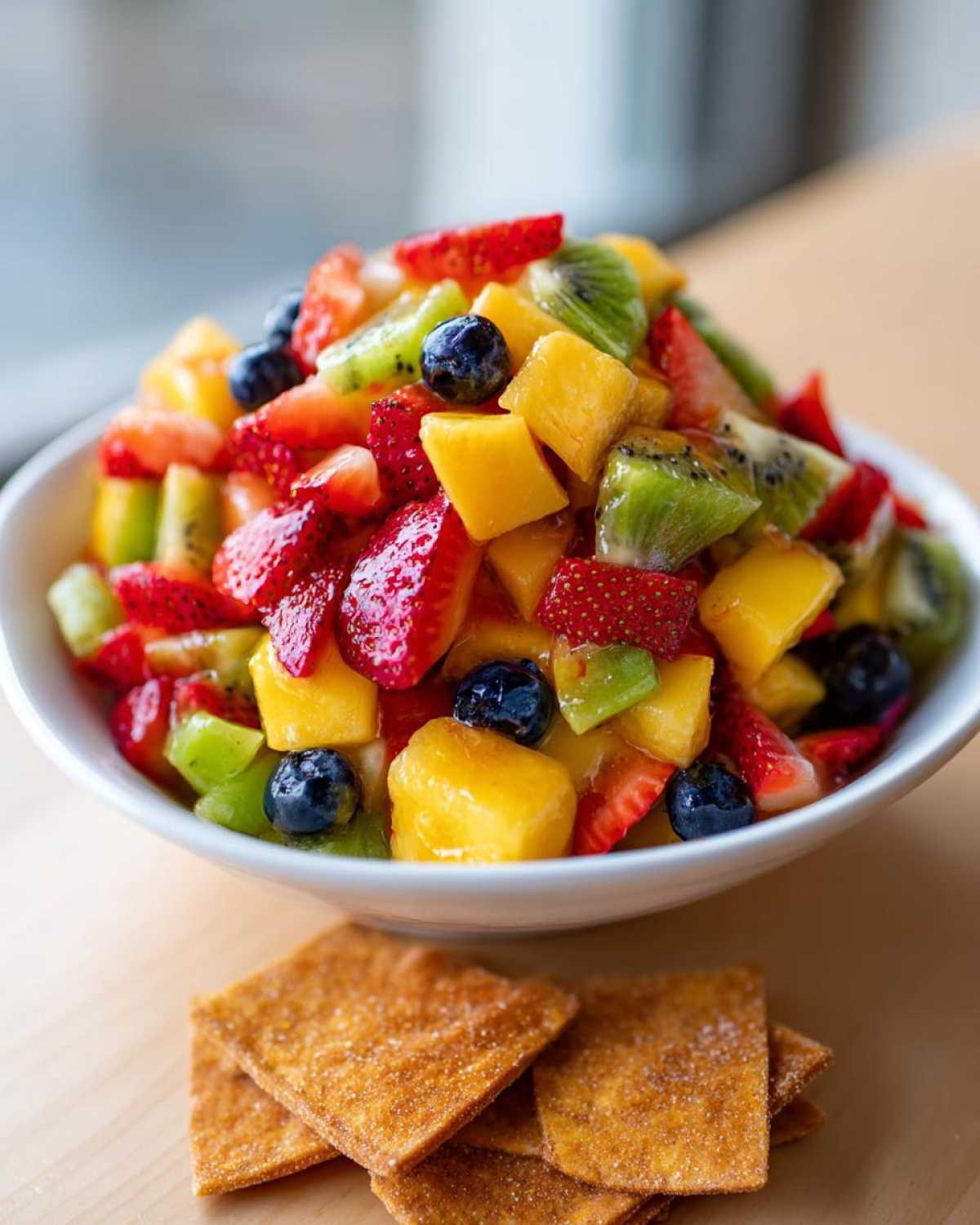 Bowl overflowing with Sweet Fresh Fruit Salsa featuring mango, strawberries, kiwi, and blueberries, next to cinnamon tortilla chips.