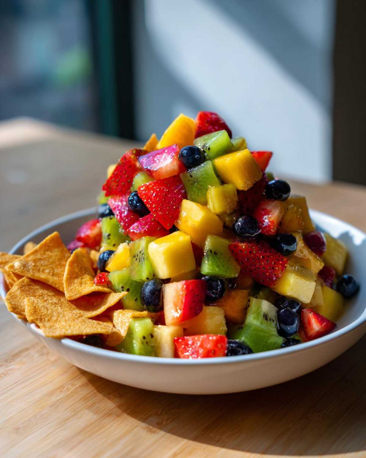 A vibrant bowl overflowing with Sweet Fresh Fruit Salsa featuring strawberries, kiwi, pineapple, and blueberries, served with cinnamon tortilla chips.
