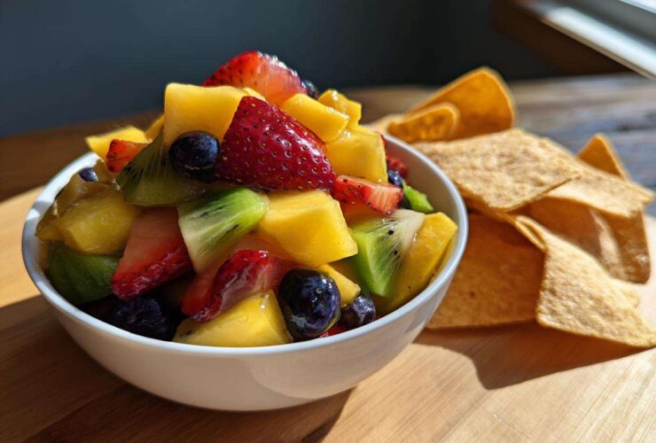 A white bowl filled with Sweet Fresh Fruit Salsa next to a pile of cinnamon tortilla chips on a wooden board.
