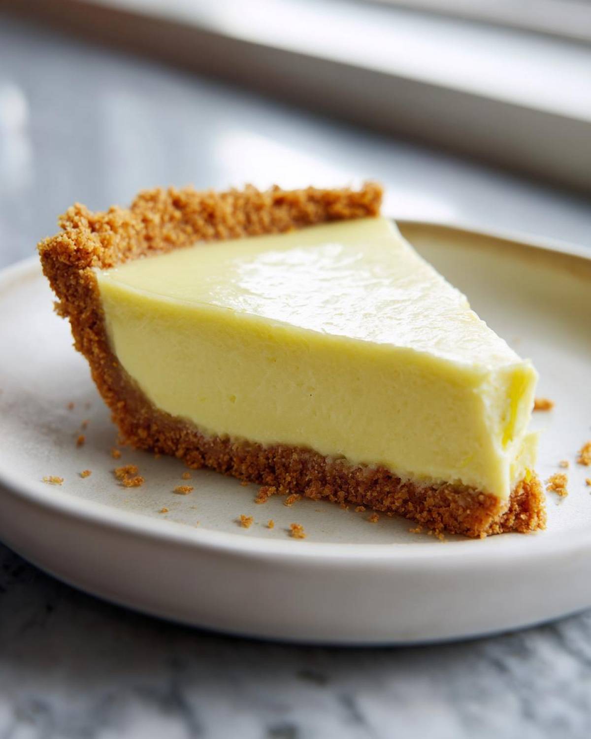 A close-up of a single slice of Tangy Key Lime Pie showing the creamy yellow filling and thick graham cracker crust.