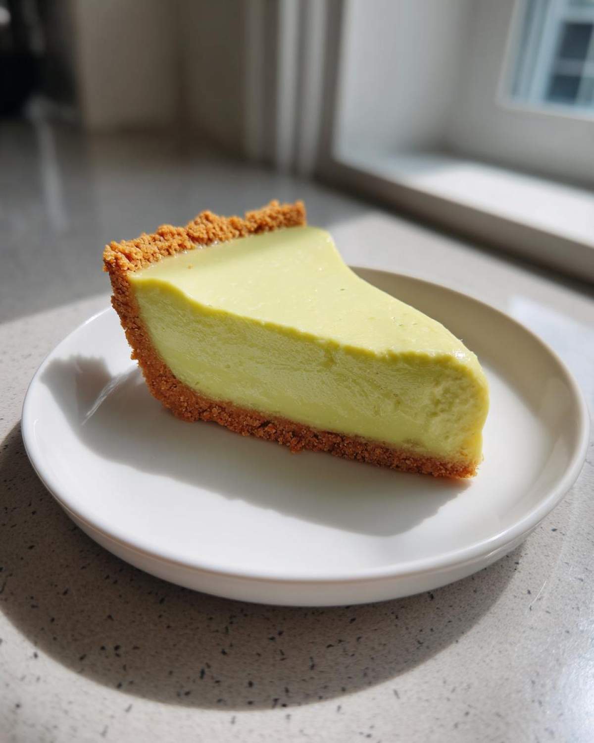 A perfect slice of Tangy Key Lime Pie with a graham cracker crust sits on a white plate.