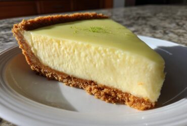 A perfect slice of Tangy Key Lime Pie showing the creamy filling and thick graham cracker crust, topped with lime zest.