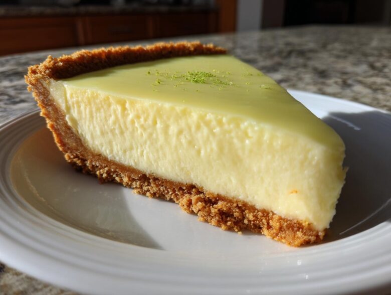 A perfect slice of Tangy Key Lime Pie showing the creamy filling and thick graham cracker crust, topped with lime zest.