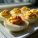 Close-up of perfectly creamy Traditional Deviled Eggs piped high with filling and sprinkled with paprika on a white platter.