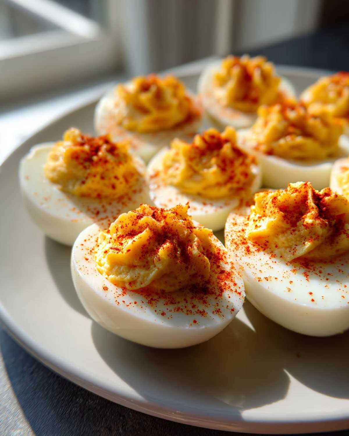 Close-up of several Traditional Deviled Eggs halves, piped high with creamy filling and dusted generously with paprika.