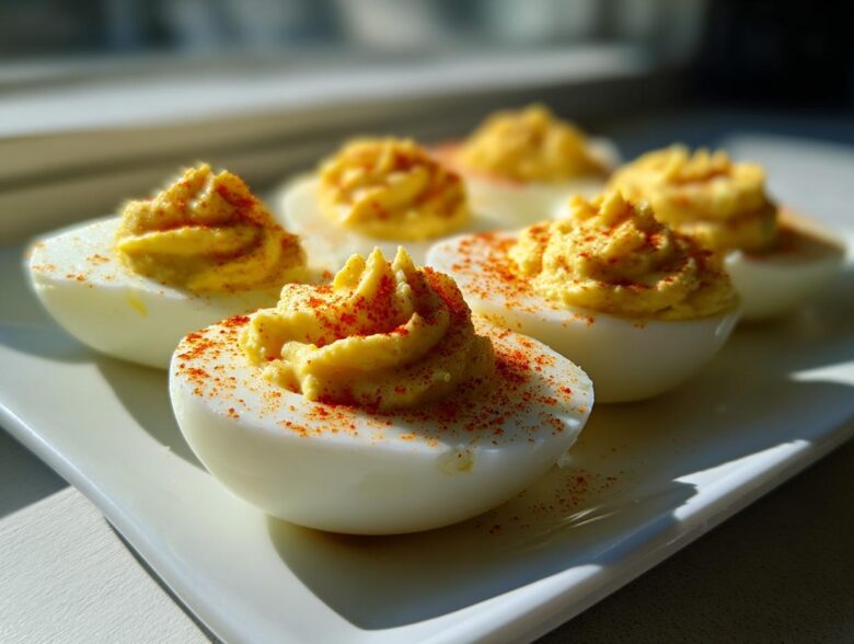 Close-up of perfectly creamy Traditional Deviled Eggs piped high with filling and sprinkled with paprika on a white platter.