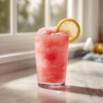 A tall glass filled with bright pink, icy Trendy Frosé (Frozen Rosé Wine Slushie), garnished with a lemon slice.