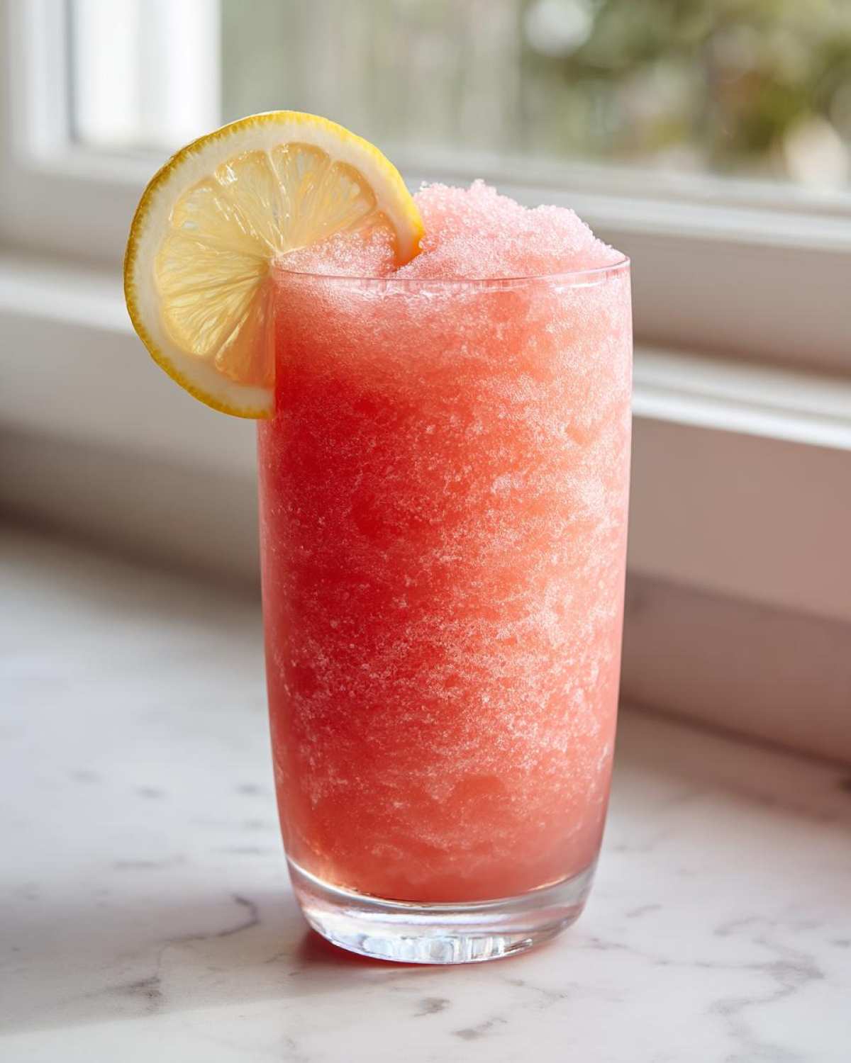 A tall glass filled with bright pink, icy Trendy Frosé, garnished with a fresh lemon slice.
