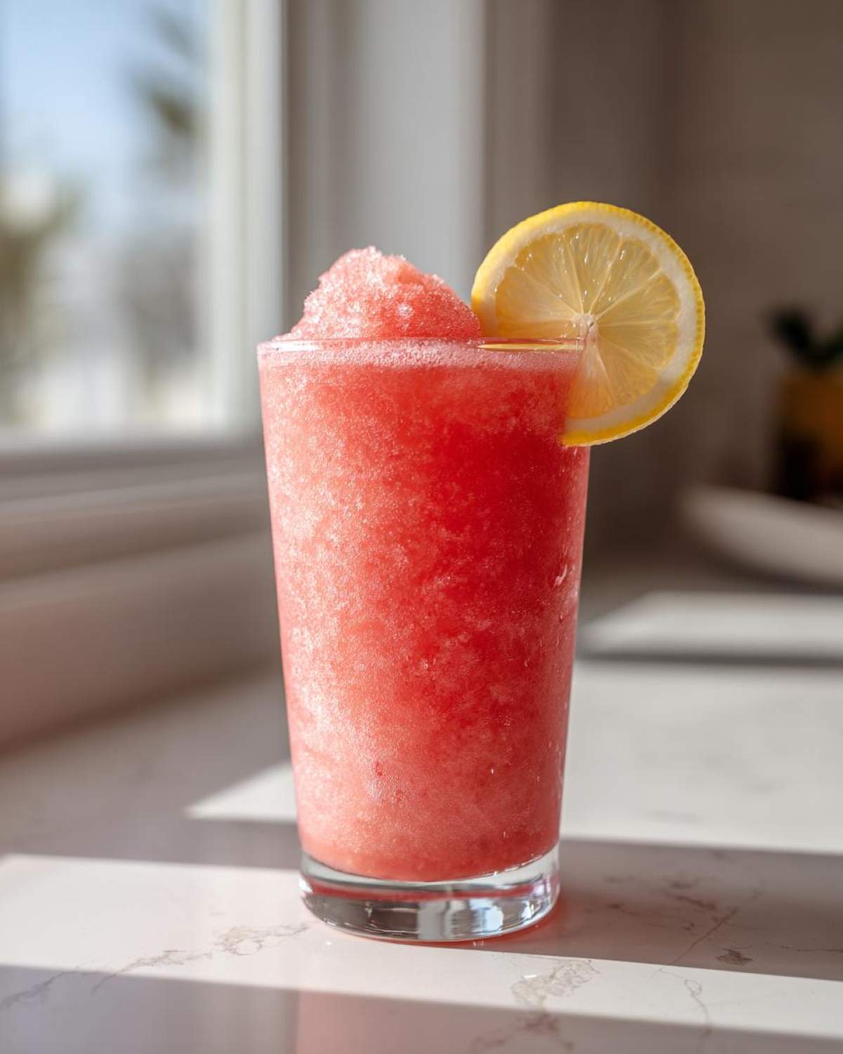 A tall glass filled with a bright pink, icy Trendy Frosé (Frozen Rosé Wine Slushie), garnished with a lemon slice.