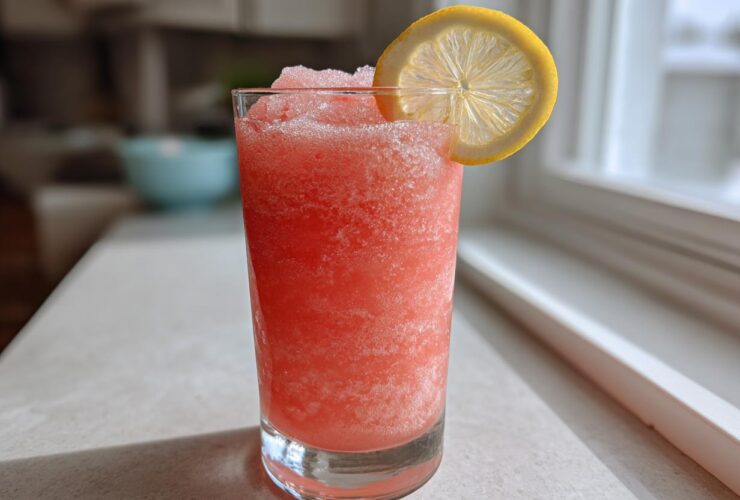 A tall glass filled with bright pink, icy Trendy Frosé, garnished with a lemon wheel.