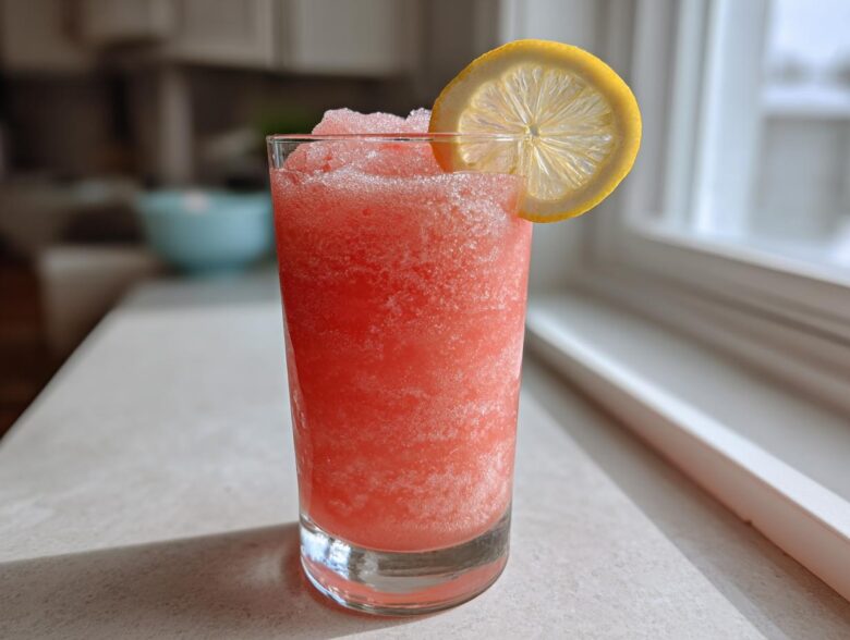 A tall glass filled with bright pink, icy Trendy Frosé, garnished with a lemon wheel.